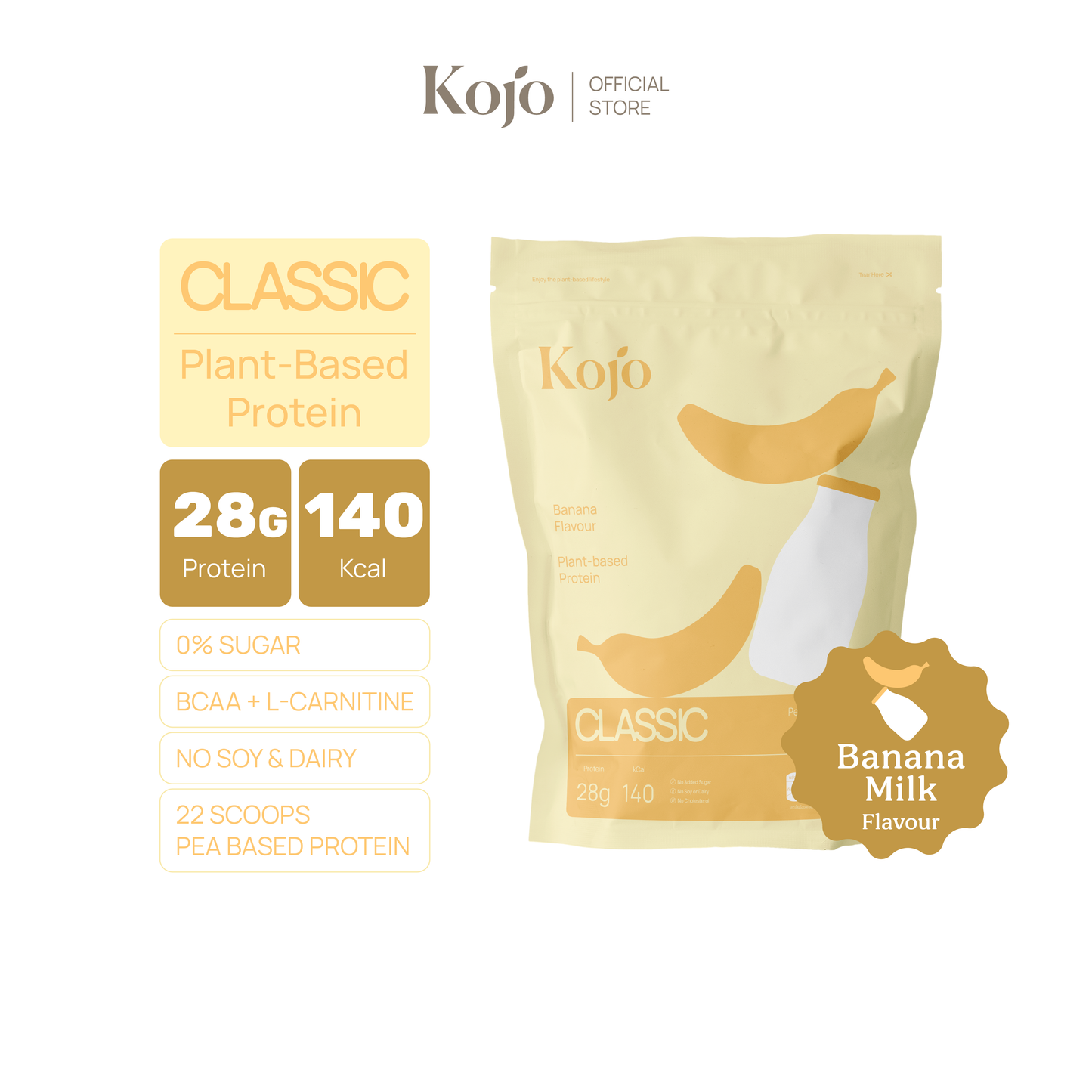Kojo Classic Plant-Based Protein สูตรใหม่ 770g | โปรตีนจากพืช Hydrolysed Pea Protein 1 ถุง พร้อมช้อน