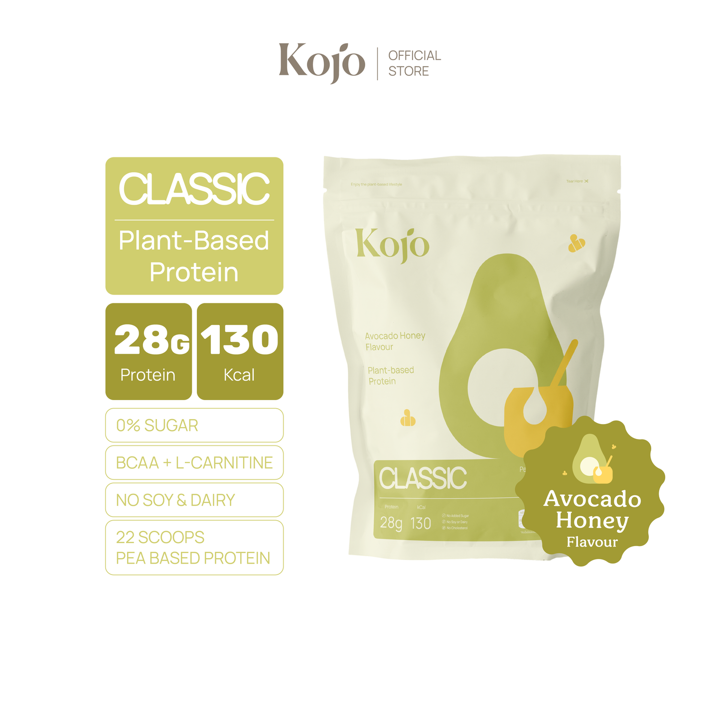 Kojo Classic Plant-Based Protein สูตรใหม่ 770g | โปรตีนจากพืช Hydrolysed Pea Protein 1 ถุง พร้อมช้อน