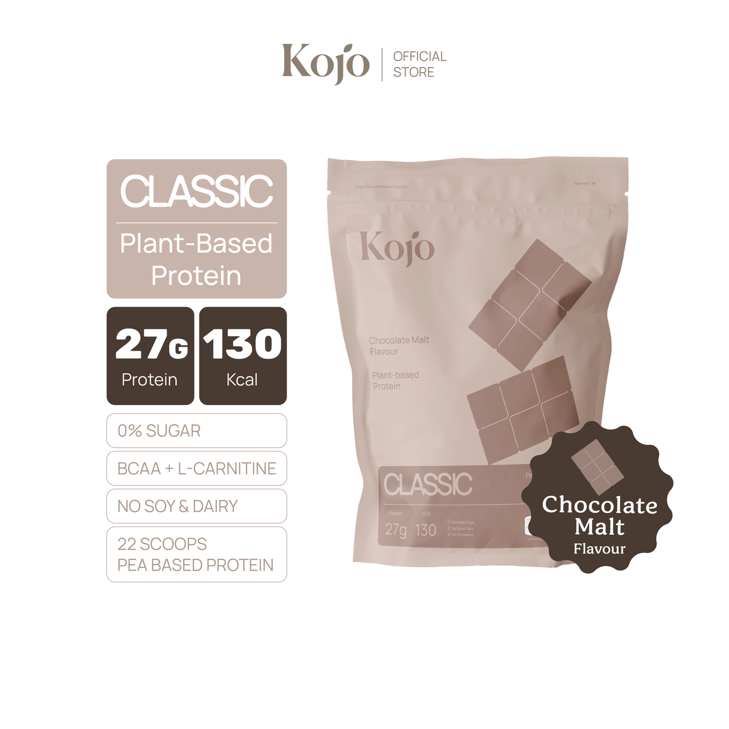 Kojo Classic Plant-Based Protein สูตรใหม่ 770g | โปรตีนจากพืช Hydrolysed Pea Protein 1 ถุง พร้อมช้อน