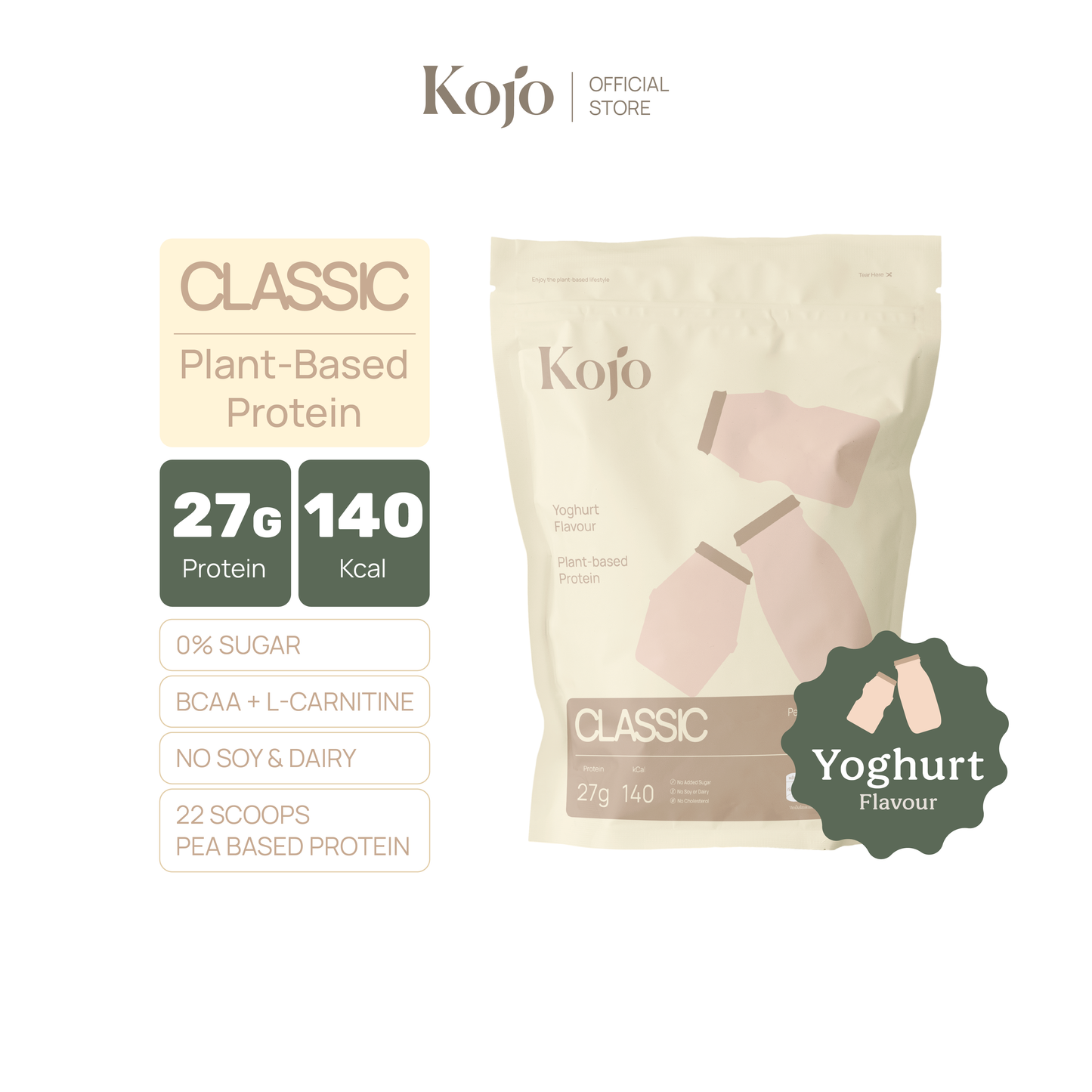 Kojo Classic Plant-Based Protein สูตรใหม่ 770g | โปรตีนจากพืช Hydrolysed Pea Protein 1 ถุง พร้อมช้อน